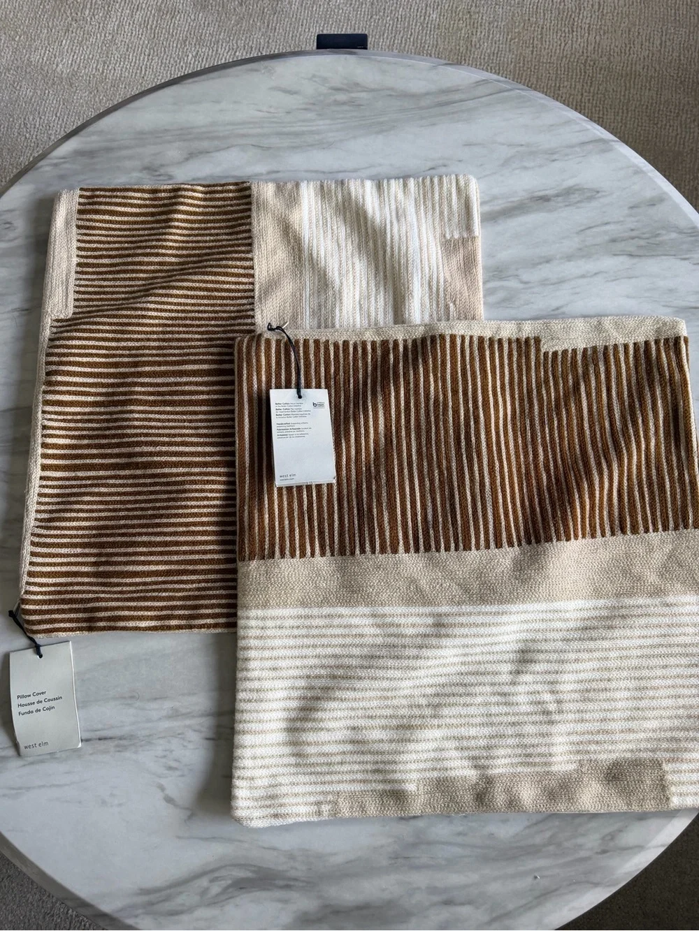 West Elm 100% Cotton Striped Crewel Durban 18x18” Accent Pillow Beige Cream NWT
